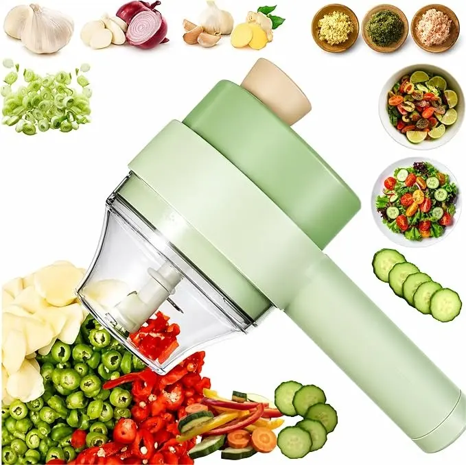 4-in-1 multifunctional cordless electric handheld food chopper set with handle, portable size, made of safe Qita11 material, includes whisk, cleaning brush, vegetable slicer, and meat/garlic grinder—a small kitchen gadget for indoor entertainment.