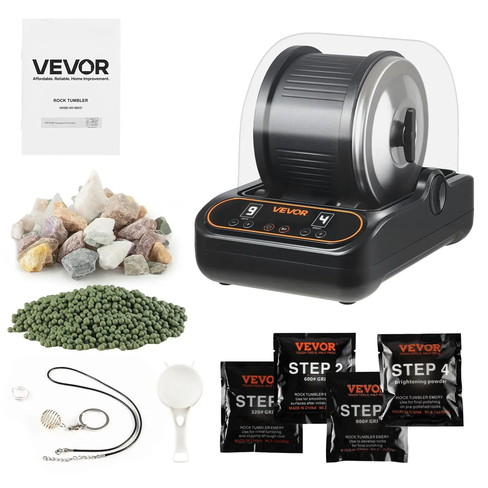 【Summerfinds】VEVOR Rock Tumbler,3 lb Rock Polishing MachineRocks Tumbling Kit with 4-Speed Adjustment1–9 Day TimerPC Sound Reduction Cover & TPU DrumDirect Drive Motor Rocks PolishingQuiet Operation