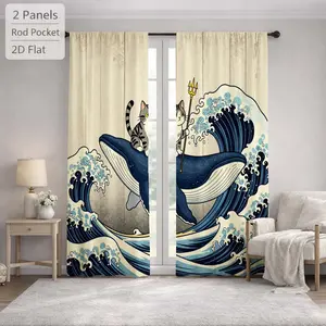 2Pcs Japanese Style Cat Whale Wave Pattern Sun Blocking Curtains Digital Printed Rod Pocket for Bedroom Office Kitchen Living Room Study Home Decor Soft Light Filter Easy Installation