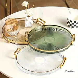 Modern Plastic Serving Tray with Metal Handle, Home Hotel Tea Plate, Salad Serving Plates, Fruit Bread Dish, Dessert Display Plate, Casual Style Tableware Organizer