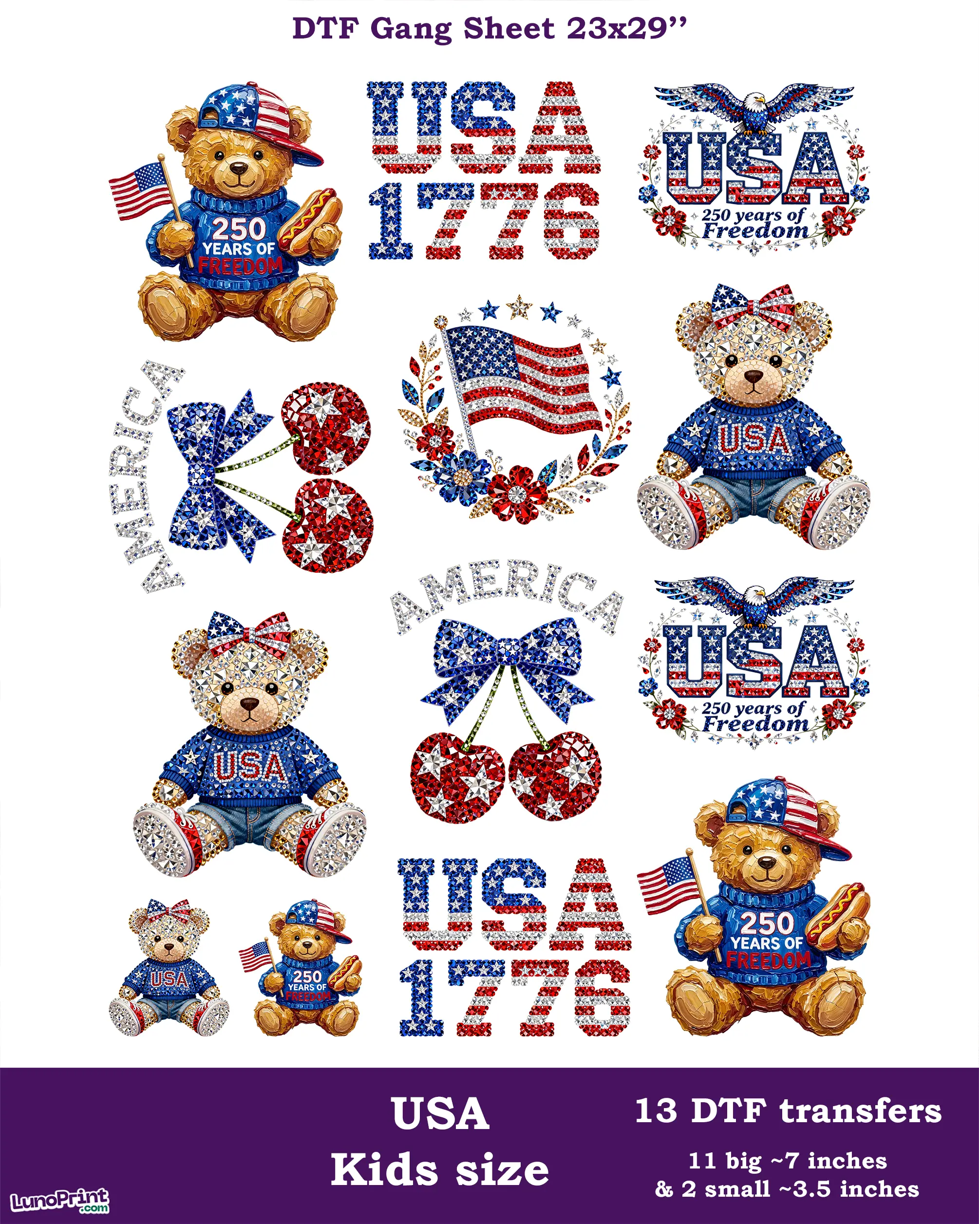 Faux Rhinestone USA DTF Gang Sheet for Kids