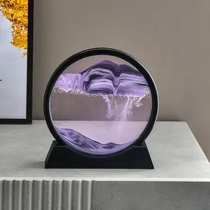 3D Moving Sand Art Decor for Dressers, Round Glass Flowing Sand Home Decor, Living Room Craft Ornament Office Desk Circular Sand Art with Moving Sand, Artistic Dynamic Art
