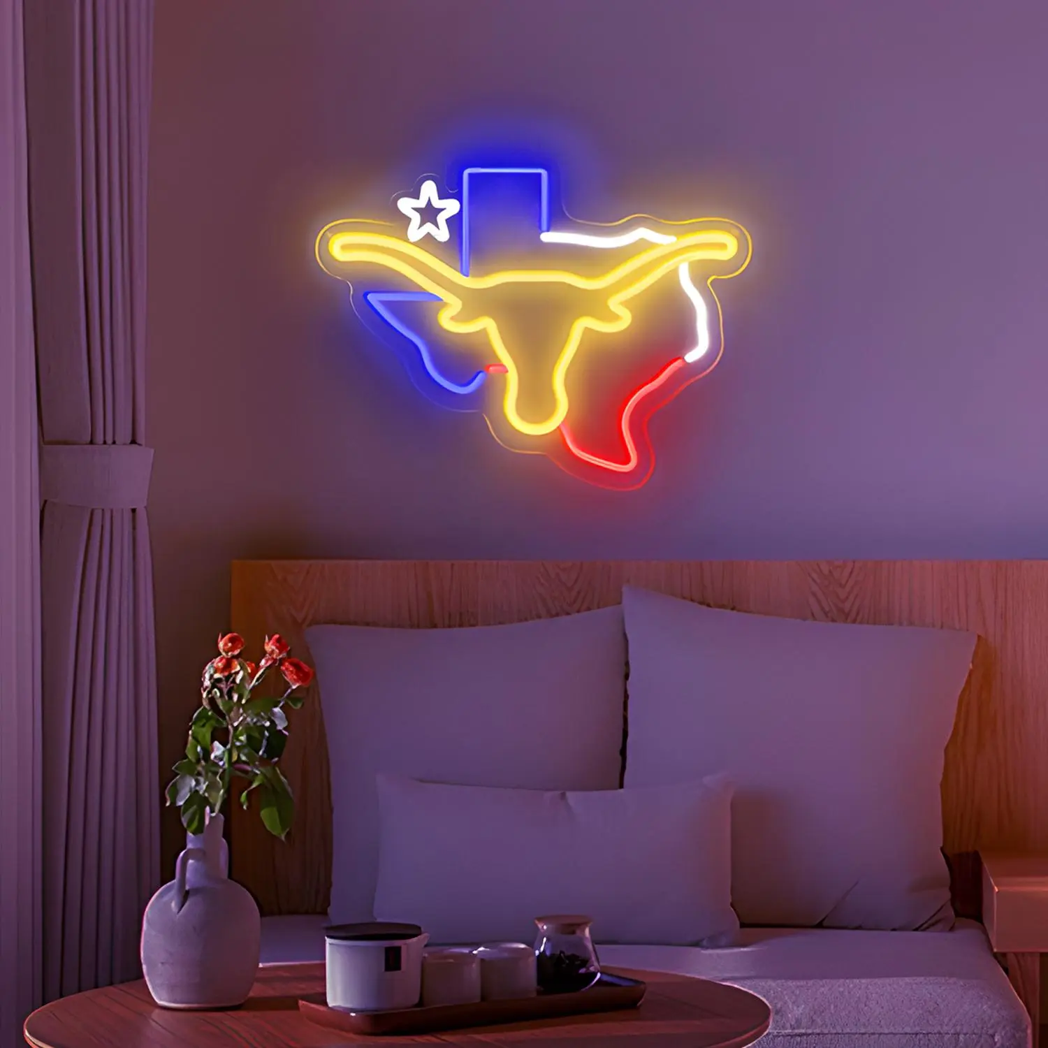 ROSNEK Texas Longhorn LED Neon Sign - State-Shaped Star-Design USB-Powered Wall Mount Light, Western Decor Room Accessories, Red-White-Blue-Yellow Home Decor Gift for Adults, Bar Game Room Decoration