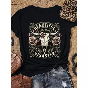 Women's Western Cowboy Pattern T-Shirt - Black short-sleeved round-neck top, featuring cow skull and floral patterns, with the words "Vintage 2008" printed on it, suitable for spring and summer outdoor and casual wear, unisex T-shirt