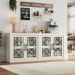 GAOMON 71" Large Buffet Sideboard with Storage, Modern Coffee Bar Cabinet with 4 Glass Doors, White Kitchen Buffet Table for Dining Room, Living Room, TV Stand for 50-80 Inch TV