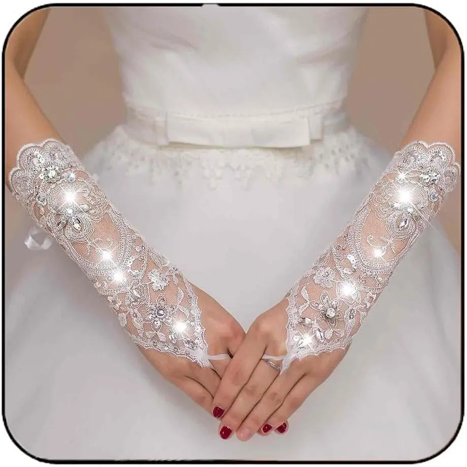 Women's Elegant Lace Gloves for Bride, Fingerless Arm-Length Design with Rhinestone and Sequins for Weddings, Tea Party - Hand Wash, Lace Fabric, Dress-Up Party
