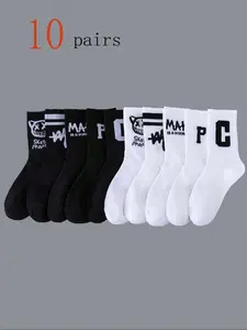 Men's Striped & Letter & Cartoon Graphic Print Crew Socks Pairs, Casual Soft Comfy Breathable Socks for All Seasons Daily Wear, Casual Stylish Socks, Men's Socks