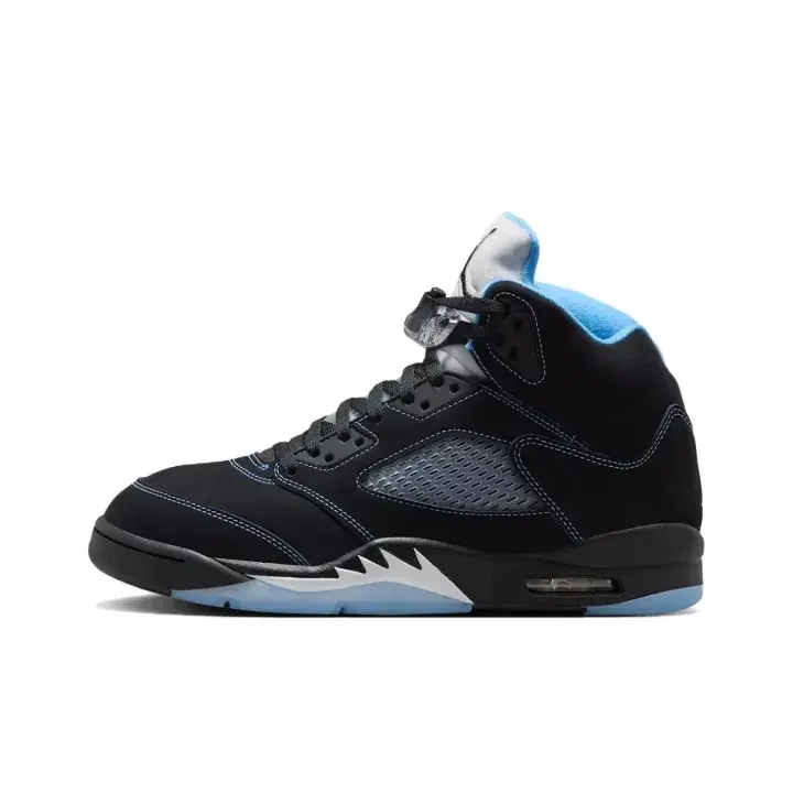 High top basketball shoes black suede light blue inner lining icy translucent outsole vented side panel shark tooth detail visible air cushion unisex streetwear trendy athletic footwear casual match viral ootd everyday essential