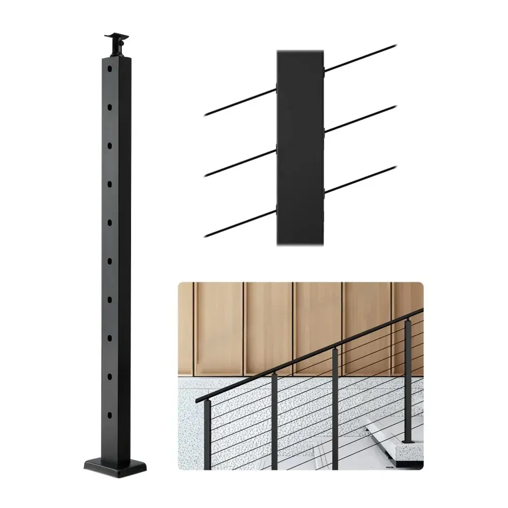 【Summerfinds】VEVOR Cable Railing Post,36x1x2 Inch Stair Railing Postwith Pre-Drilled 30° Angled HolesStainless Steel Cable Rail Post with Horizontal and Curved Bracket1-PackBlack