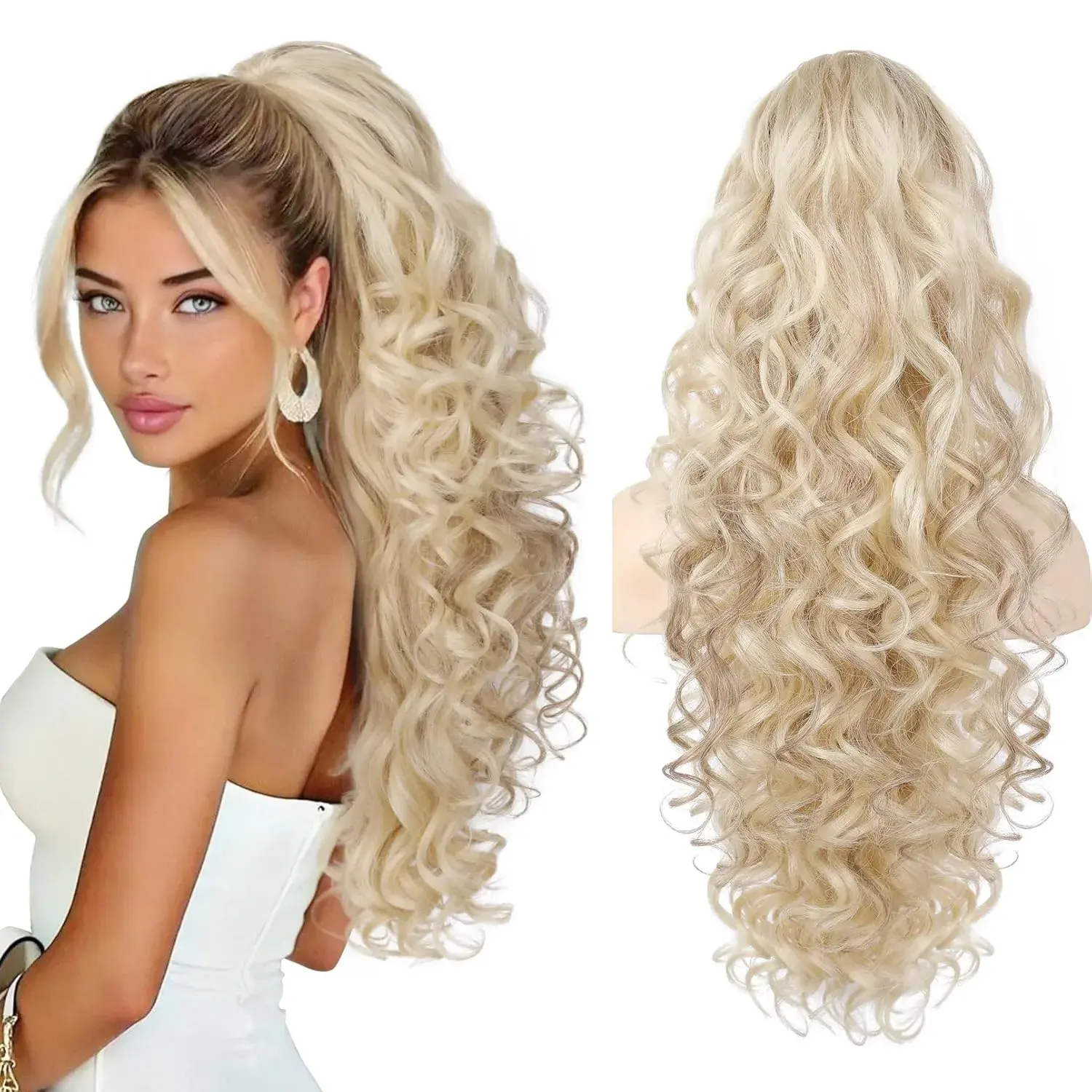 24 Inch Wavy Curly Ponytail Extension with Claw Clip, Natural-Looking Synthetic Fiber Hairpiece for Women, Creates Instantly Voluminous Hair, Synthetic Fiber Extensions, Wavy Curly Ponytails, Soft Curly Ponytails