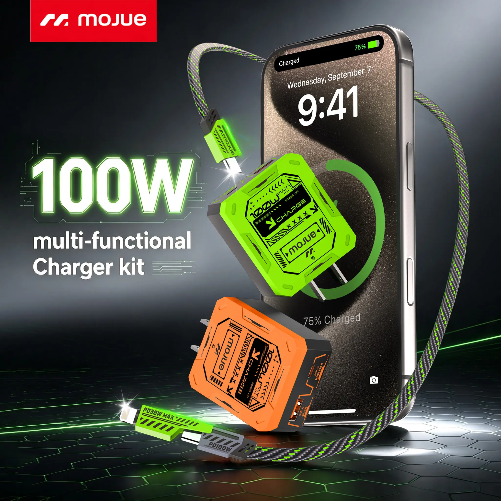 MOJUE 100W 2-Port Charging Blocks with 3 in 1 Charging Cable, Dual Port Type-C & USB-A Wall Charger Set, Mecha Style Fast Charging Cable for iPhone 17/16/15 Series, Samsung Series, iPad, Android Phones, Tablets and More