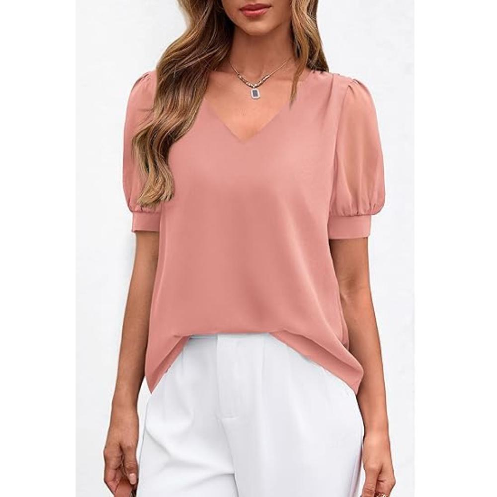 PRETTYGARDEN Womens Tops Dressy Casual Puff Sleeve Chiffon Blouses V Neck Business Work Shirts Summer Fashion Clothing