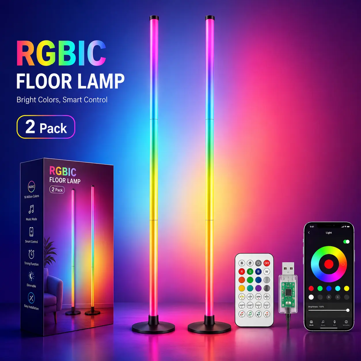 48in RGBIC Corner Floor Lamp, App & Remote Control, Music Sync LED Ambient Light（1PCS/2PCS)