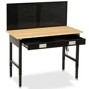 MUWOOD 48" 60"Workbench for Garage with Drawers Rubberwood Tabletop Work Table with Pegboard, Power Outlets Adjustable Height Work Bench for Office, Woodworking Shop, Home