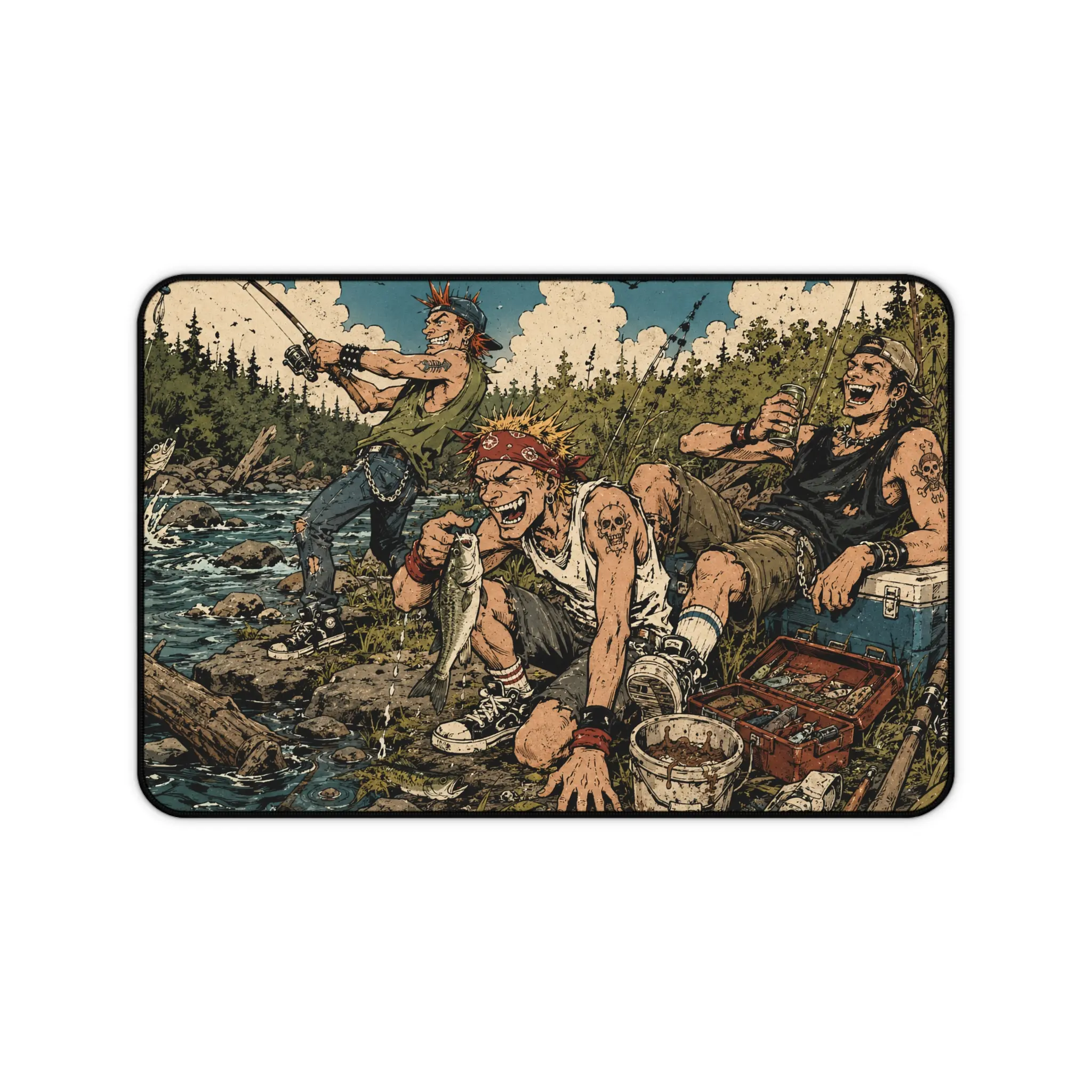 River Rats Fishing Desk Mat, Punk Anime Angler Mouse Pad, Rustic Outdoor River Scene, Fisherman Gift, Large Gaming Mouse Pad, Office Decor