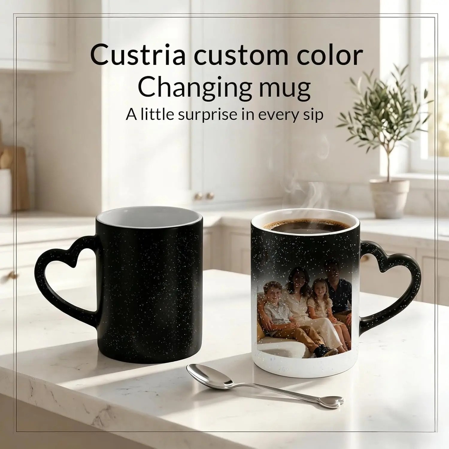 Personalized Shaped Heat-Color Changing Ceramic Mug - Romantic Printed Teaware, Reusable Sturdy Tea Cup with Custom Photo/Logo/Text, Heart Handle, Black Starry Design, Happy Birthday Gift for Girlfriend (Home & Festive Supplies)