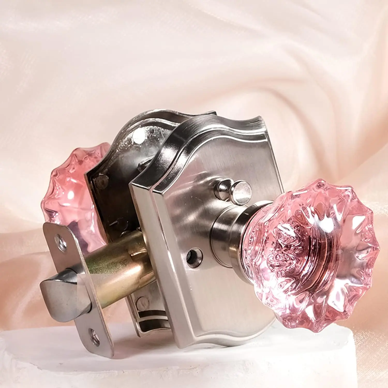 Door Knobs, Stain Nickel Pink Glass Door Knobs Interior Rose Shape with Lock  Function,  Antique for Bedroom Bathroom