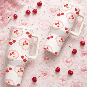 1 Pc 40oz Cherry Heart Shape Insulated Travel Mug With Handle, Cute Kawaii Coffee Tumbler, Stainless Steel Tumbler, Thermal Cup, Large Capacity Insulation Cup For Iced Drinks And Hot Beverages, Reusable Drinkware For Daily Use, Sweet Gift For Women