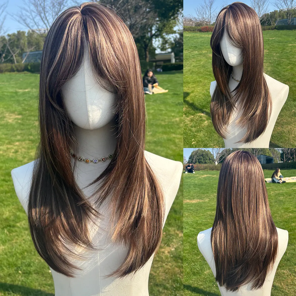 SMILCO/24Inch Brown Layered Medium Wavy With Bangs Synthetic Wig/SM440/SM441