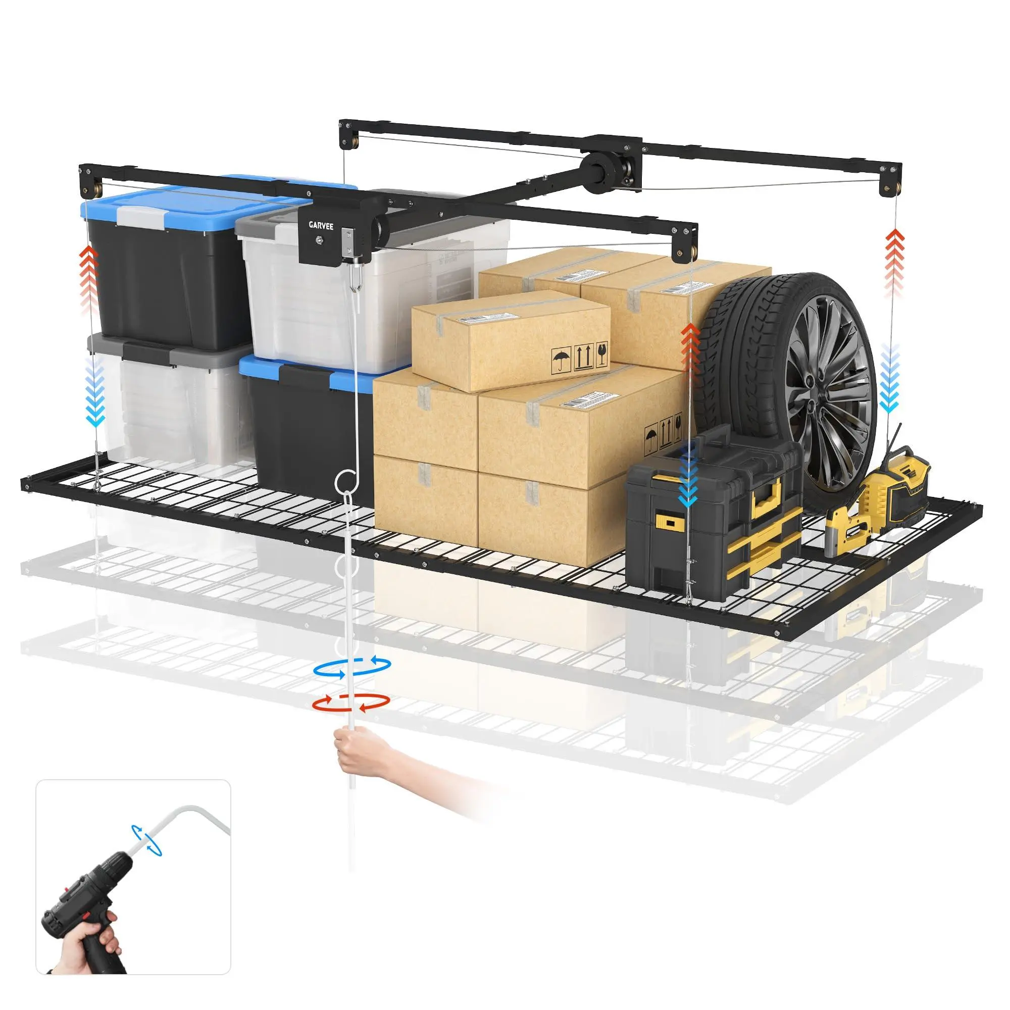 Heavy Duty Overhead Garage Storage Rack Lift - 4x8 ft | 800 lbs Capacity, Adjustable Ceiling Mount, Dual-Mode Manual Lifting, Max 12 ft Height