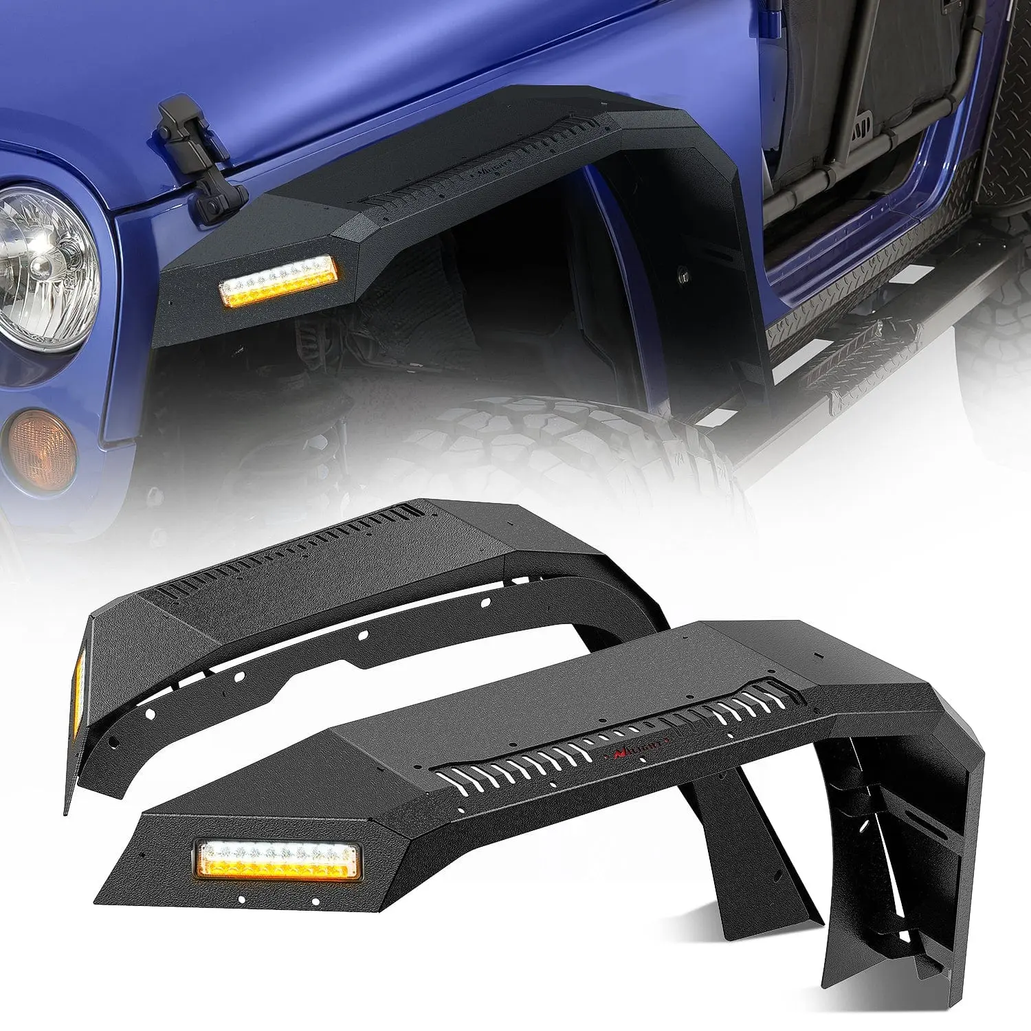 Nilight Metal Flat Top Wide Front Fender Flares (8.26" Width) with Bolt-On LED Turn Signals, DRL & Tire Cover - Car Accessories, LED Lights, Wheel Lights, Off-Road Parts for 2007-2018 Jeep Wrangler JK 2/4 Door Vehicles