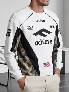 Men's Long Sleeve Camouflage Panel Knit Sweatshirt with Sporty Design, Loose-Fitting Cotton Blend Casual Wear Tops for Fall & Winter, Mid-Length with American Street Style and Flag Elements