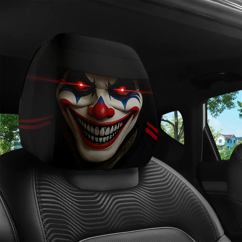 2pcs Evil Clown Print Car Headrest Covers | Knit Polyester, Easy to Install and Wash, Ideal for Long Drives and Naps, Universal Fit, Adds Unique Charm to Your Vehicle