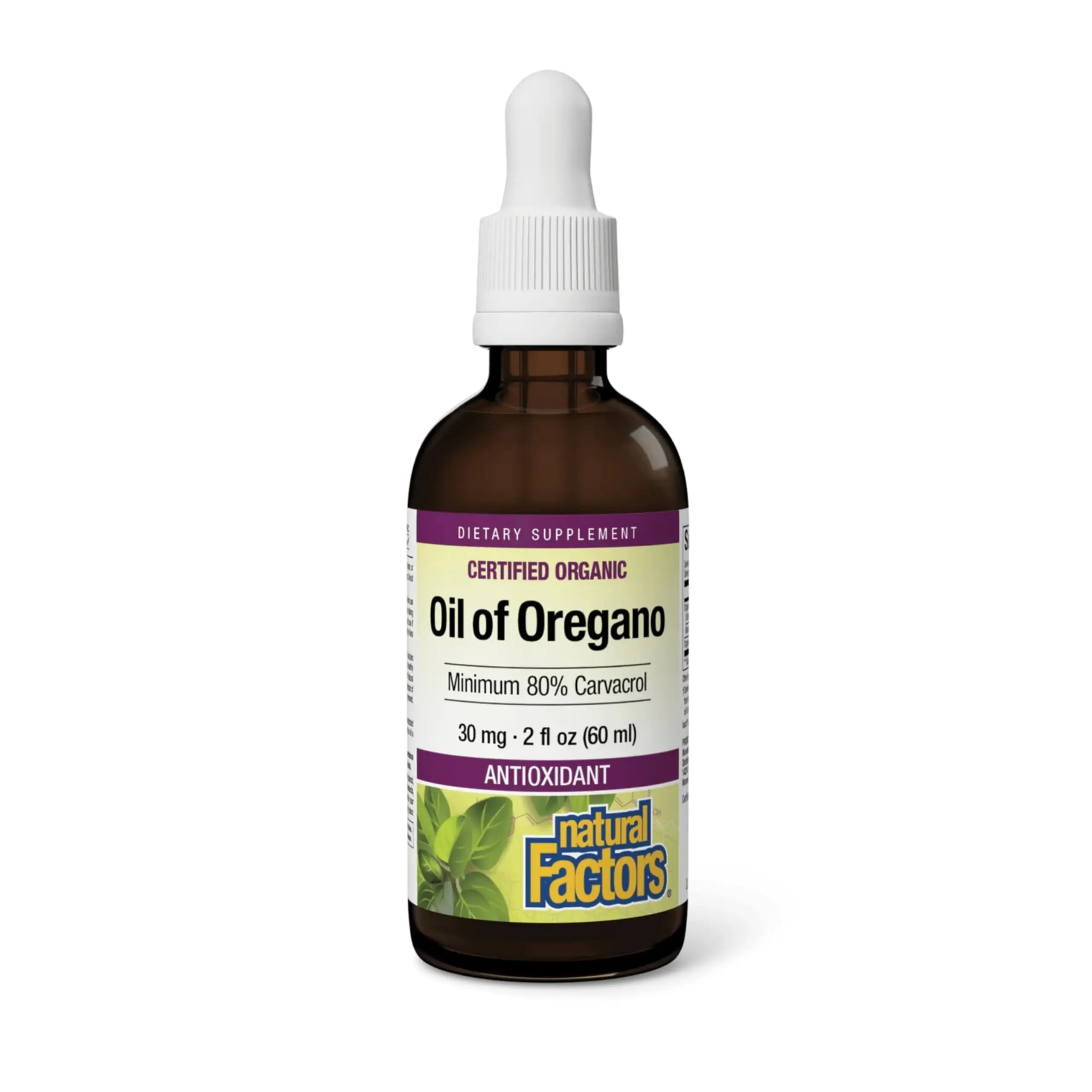 Natural Factors Certified Organic Oil of Oregano Dietary Supplement Liquid - 30mg, 80% Carvacrol, 2oz, Antioxidant, Immune Support, Steam Distilled, Gluten Free, GMO Free, Vegan & Vegetarian Suitable, Self Care Products, Dairy Free