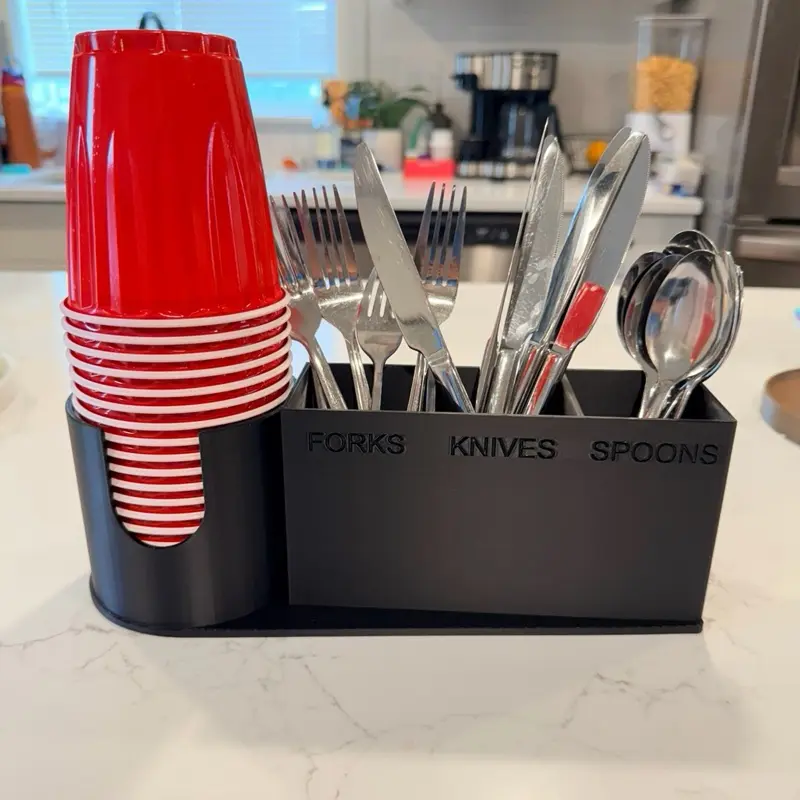 Portable Cutlery Organizer with Cup Holder and Marker Storage Utensil Caddy