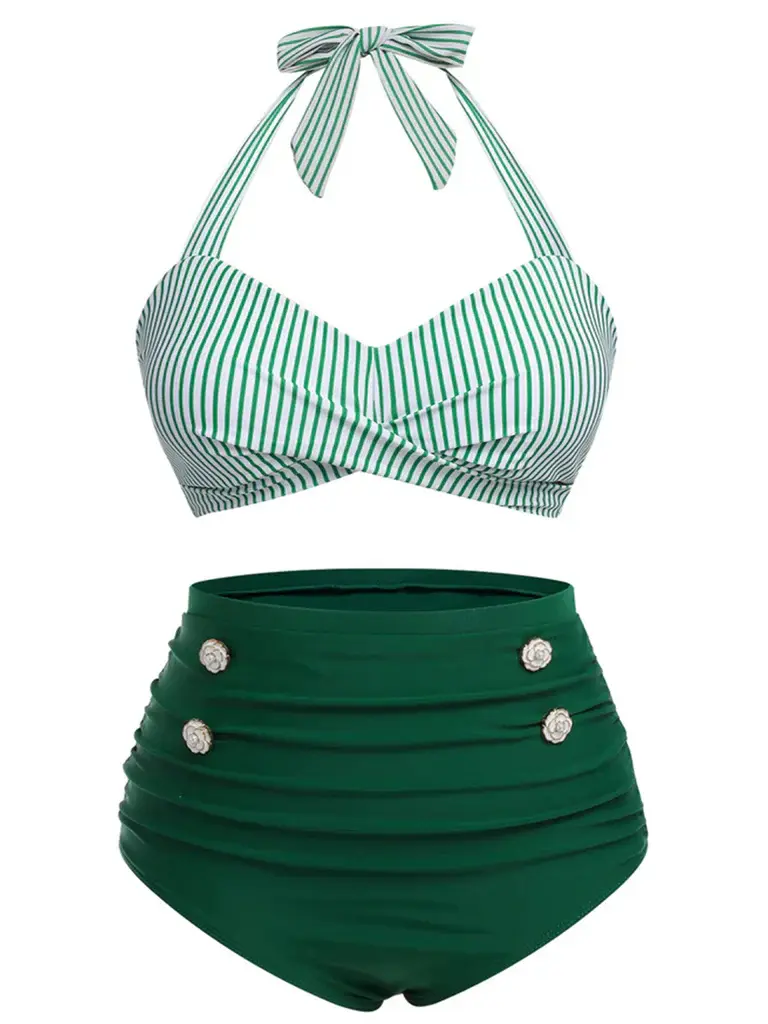 RETRO STAGE Women's Plus Size Vintage Striped Swimsuit Bikini, High Stretch Halter Top with Rhinestone Accents and High Waisted Bottoms, Plus Size Bathing Suits, Vintage Bikini, High Waisted Bikini