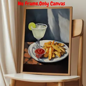 Vintage Martini & French Fries Pattern Unframed Painting, Modern Wall Art Poster, Wall Art Decor for Home Living Room Bedroom Restaurant, Ornaments