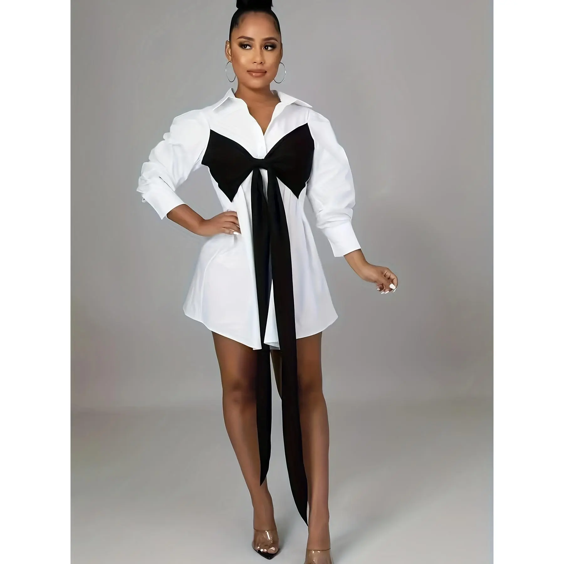Women's Solid Color Lace Tie-Front Lapel Collar Long-Sleeve Polyester-Spandex Casual Shirt Dress, Basic Regular-Fit Womenswear, Machine Washable Dry Clean Option, Plain No-Print All-Season Casual Dress