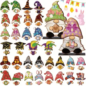 68pcs Rustic Holiday Interchangeable Gnome Decor Farmhouse Wooden Seasonal Gnome Decoration with Detachable Hats Magnet Pieces for DIY Thanksgiving Christmas Fall Decor