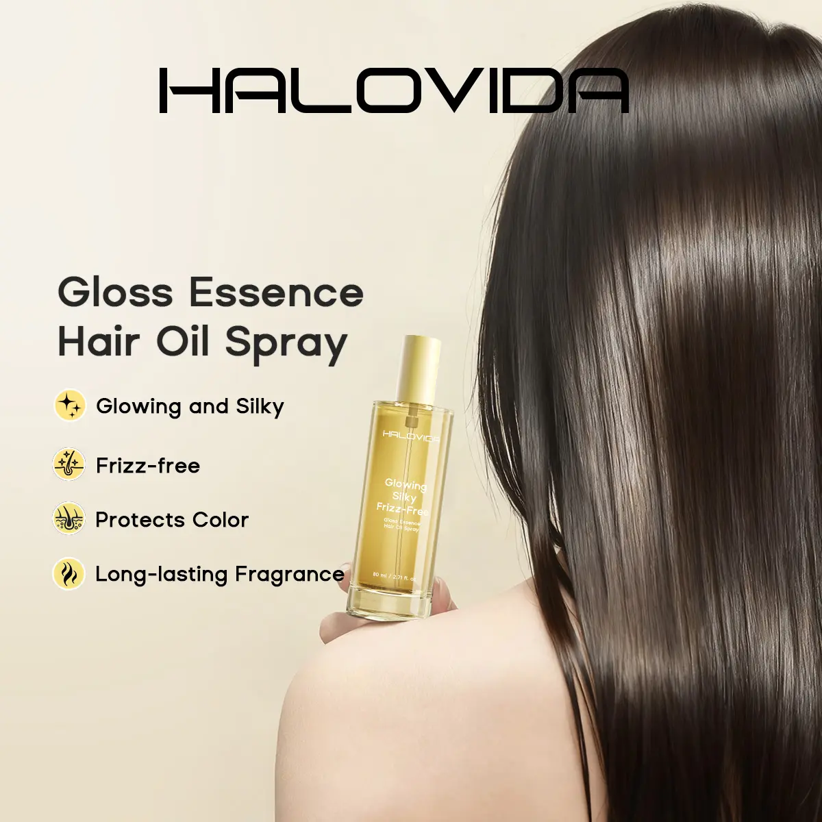 HALOVIDA Gloss Essence Hair Oil Spray 80ml,Glowing & Silky Hair,Repair & Heat Protection,Advanced Color Protection,Long-lasting Fragrance,Jojoba Oil,With Camellia Squalane,ZORYALYS Complex Haircare,#Summervibes