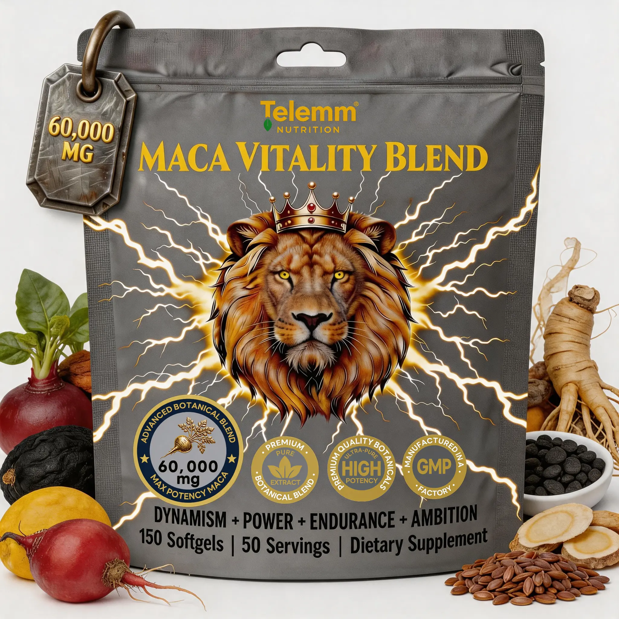 Telemm 60000mg Triple Maca Daily Wellness Softgels | 8-in-1 Natural Botanical Supplement with Red Yellow Black Maca, Shilajit, Ashwagandha & Panax Ginseng | Plant-Based Nutritional Support for Daily Focus & Steady Vitality, 150 Softgels 50 Servings