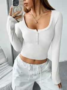 Women's Plain Half Buttons Long Sleeve Tee, Casual Minimalist Scoop Neck T-shirt for Spring & Fall, Women's Top Lady for Daily Wear Fit Basic