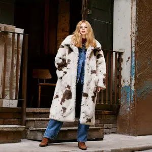 Plus Size Women's Oversized Longline Faux Fur Coat - Trendy White & Brown Cow Print, Wide Lapel Design, Warm Cozy Outerwear for Casual Street Style & Daily Wear in Cold Weather Womenswear Tops