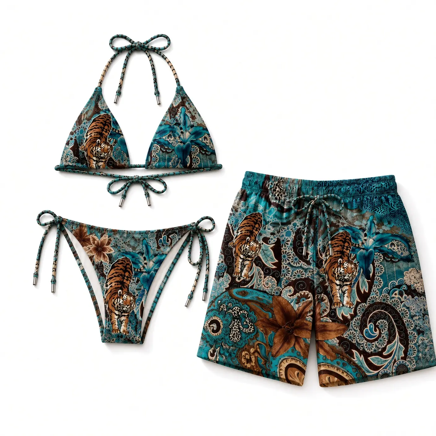 Tiger Paisley Matching Couple Swimwear Set, Teal Brown Floral String Bikini and Hawaiian Shorts, His and Hers Tropical Beach Vacation Outfit, Summer Pool Party Gift for Couple