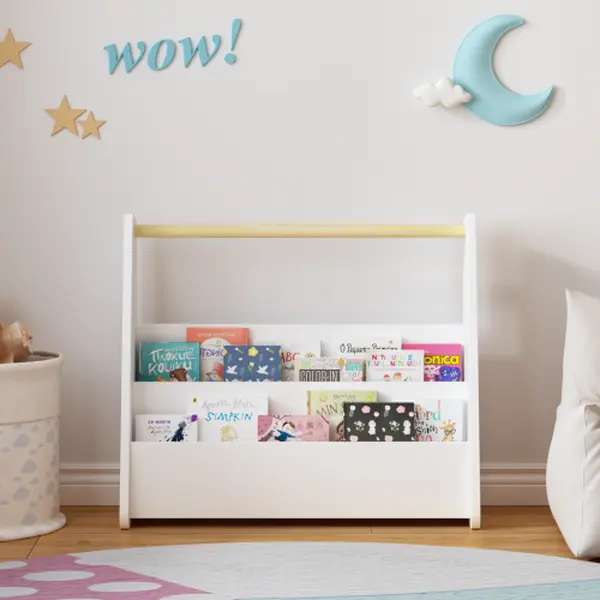 Kids' White Wooden-Handle 2-Tier Front-Facing Bookcase, Portable Children's Book Storage Organizer for Bedroom, Playroom