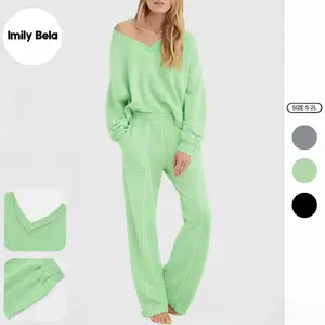 Imily Bela Womens 2 Piece Sweat Set Workout V Neck Sweatshirt Pocketed SweatPants Casual Sport Tracksuits