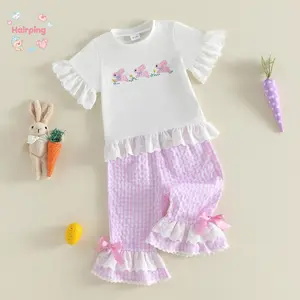 Toddler Easter Bunny Ruffle Outfit - Vibrant Pink Gingham Flare Pants & Embroidered Tee, Breathable Lightweight Fabric, Budget-Friendly for Easter Parties & Playdates