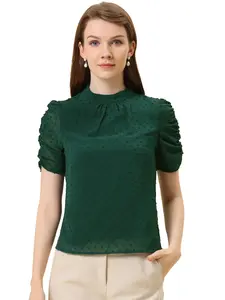 INSPIRE CHIC Women's Puff Short Sleeves High Neck Tops Elegant Swiss Dots Chiffon Blouse