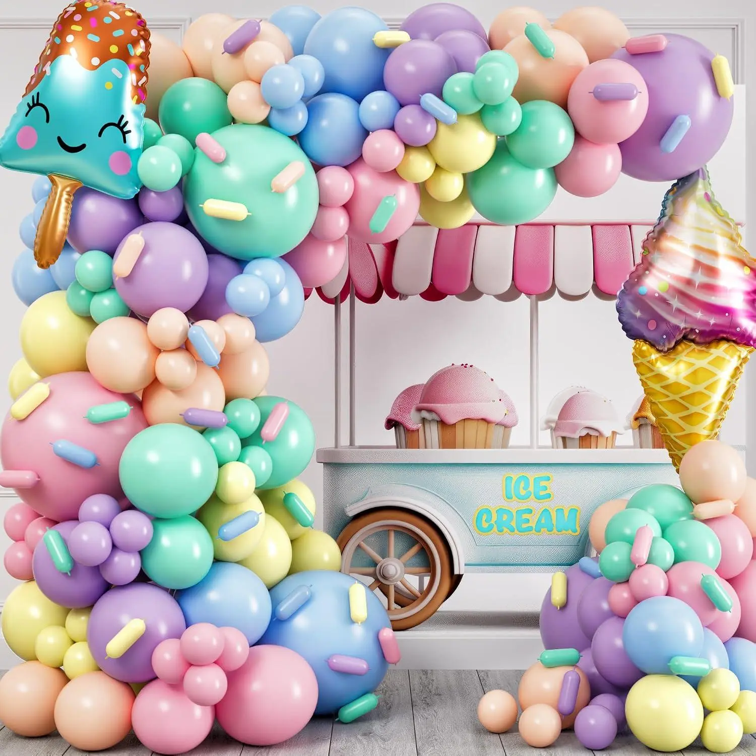 All-In-1 Ice Cream Balloon Arch Kit With Bonus Ice Creams & Sprinkle Balloons For Ice Cream Party Decorations - Candyland Balloon Arch For Girls Birthday Party Decorations & Four Ever Sweet Birthday