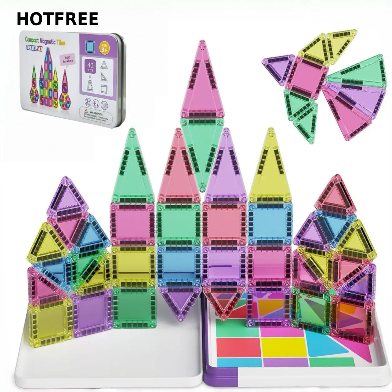 Hotfree 40PCS Bright Mini Magnetic Tiles Building Blocks DIY Kits - Compact & Portable Montessori STEM Learning Travel Set with Iron Storage Box, Airplane Toy, Gift for 3-4 Years & 5-8 Years Toddlers