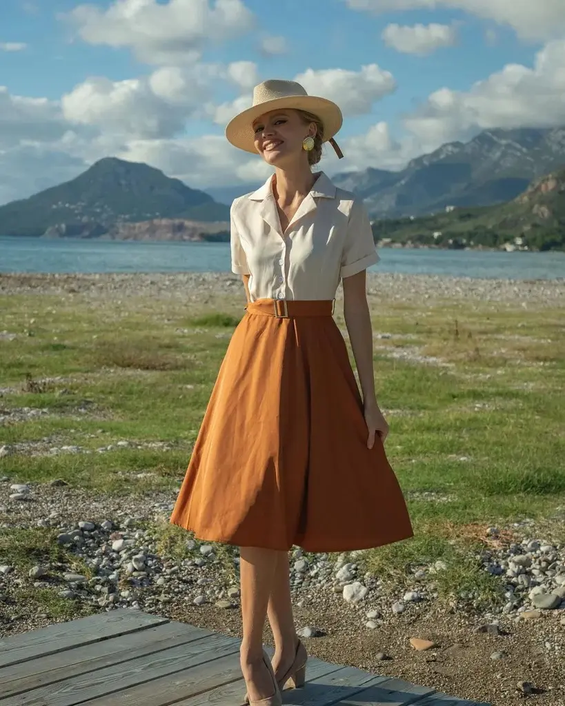 RETRO STAGE Women's 1950s Vintage Retro Swing Dress, Solid Khaki Button-Down Casual A-Line with Short Sleeves and Belt-Tailored Fit BackToSchool Sohochic Fall Dresses Fall outfits Fall fashion