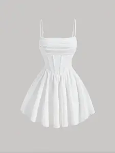 Summer Ruched Cami Waist Knit Dress, Elegant Sleeveless Pleated Midi Fit Dress, Casual Fashion for Women, Perfect for Parties & Daily Wear