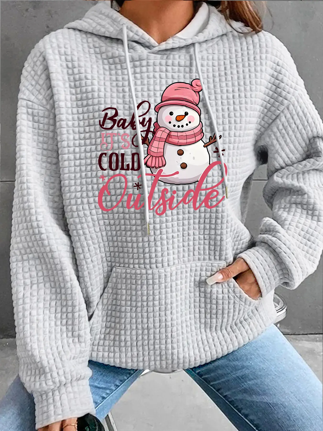 Women's Trendy Fashion Loose Baggy Hooded Sweatshirt with Snowman Print, Long Sleeve Pocket Design, Casual Everyday Top for Fall & Winter