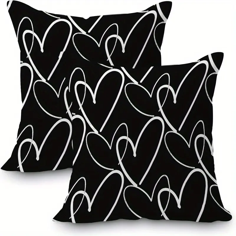 2pcs, Valentines' Day Decorations, Black and White Heart Pattern Throw Pillow Covers, Romantic Theme Decorative Pillowcases, Home Décor Products, Cushion Cover Decoration for Couch Sofa, Room Decor, Bedroom Accessories