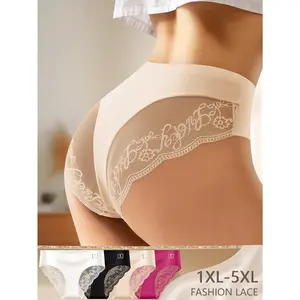 QUASTI 4 Pack Plus Size Lace Panties for Women, Mid Waist Soft Stretch Underwear, Breathable Seamless Briefs, Sexy Comfortable Panties 1XL-5XL