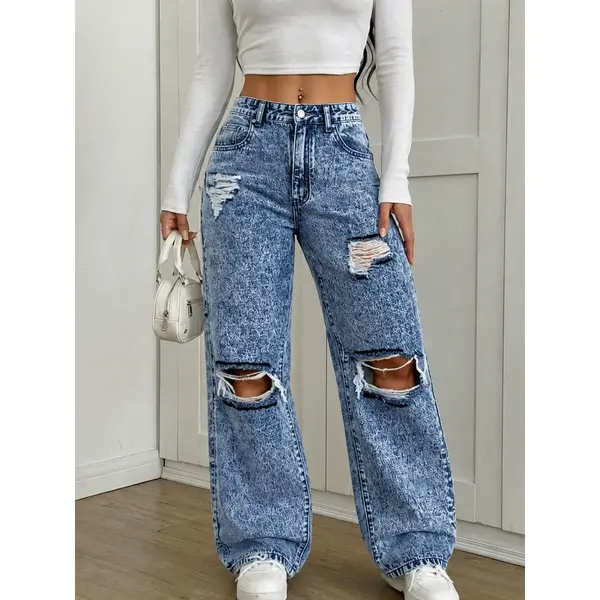 Women's High-Rise Retro Snow Wash Distressed Baggy Wide-Leg Jeans - Fashion Oversize Comfortable Bottoms with Destroyed Holes for Teen Grunge Outfits